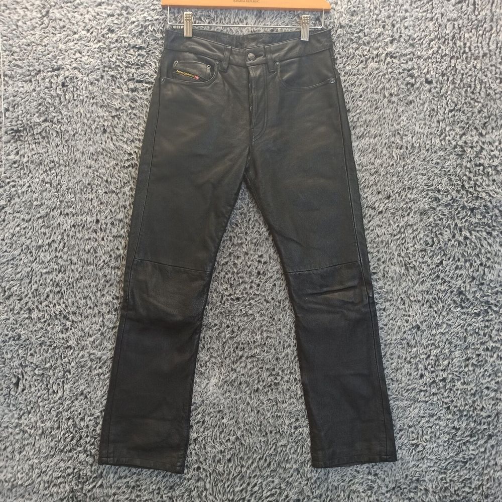 Diesel 100%Leather Pants Women 26 Black Bootcut Motorcycle Ride Button Closer